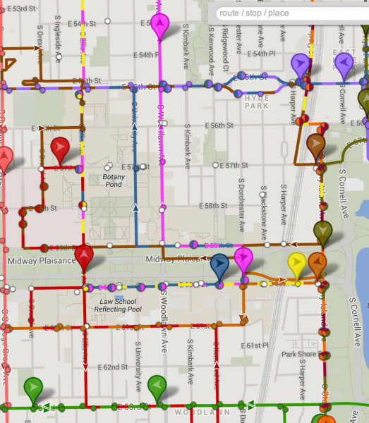 A map of bus routes on a college campus