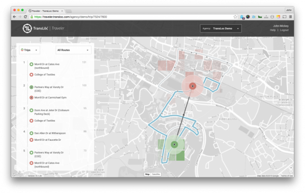 a screenshot of the Traveler application showing a bus route in a city on a map