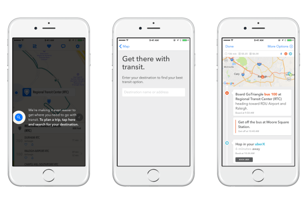 Three screen shots of the TransLoc app