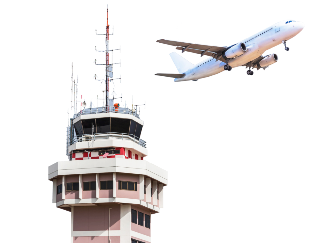 air traffic tower and airplane in flight