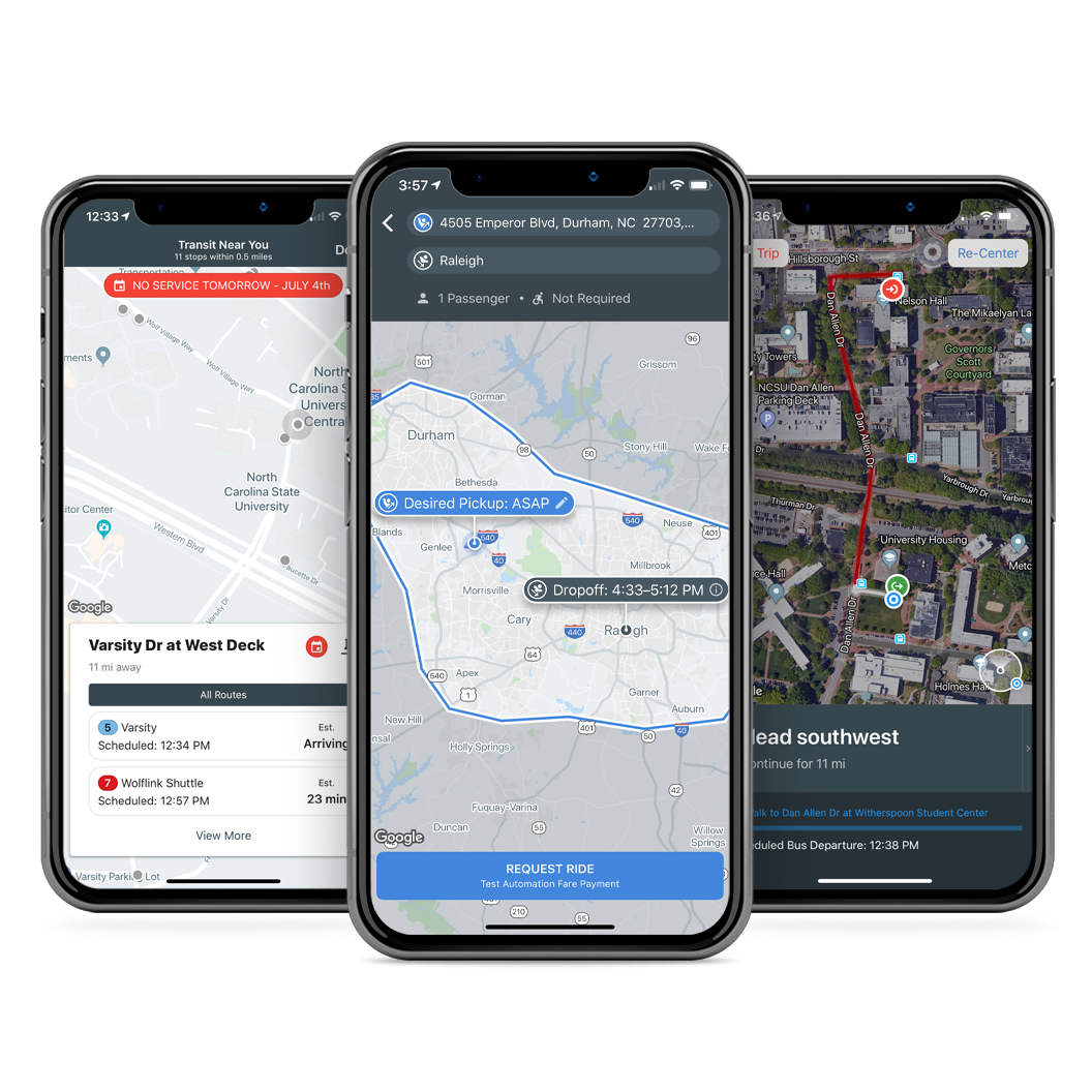 The TransLoc app on 3 devices