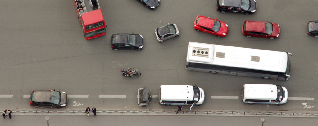 aerial view of public transportation vehicles in traffic