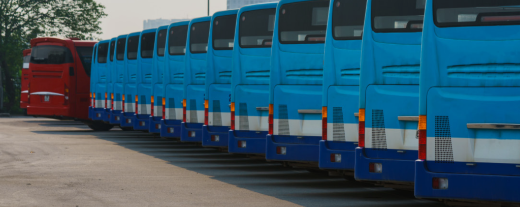 a fleet of buses lined up