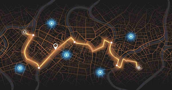 abstract map with neon bus route and blue points of interest